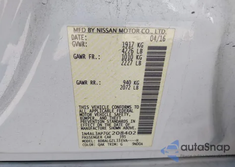 2016 Nissan Altima 2.5 S z USA, uszkodzony, nr VIN 1N4AL3AP7GC208402